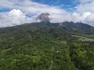 Jogja Prints: Aerial view of Mount Merapi Landscape with rice field and village in Yogyakarta