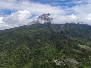 Jogja Prints: Aerial view of Mount Merapi Landscape with rice field and village in Yogyakarta