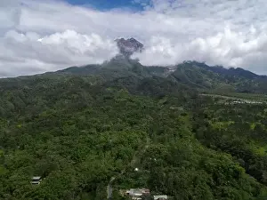 Jogja Prints: Aerial view of Mount Merapi Landscape with rice field and village in Yogyakarta