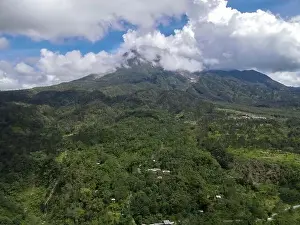 Jogja Prints: Aerial view of Mount Merapi Landscape with rice field and village in Yogyakarta