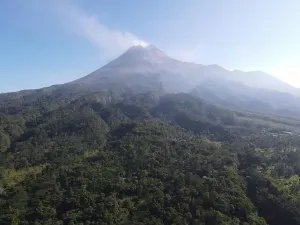 Jogja Prints: Aerial view of Mount Merapi Landscape with small eruption in Yogyakarta