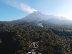 Jogja Prints: Aerial view of Mount Merapi Landscape with small eruption in Yogyakarta