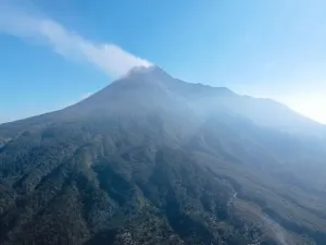 Jogja Prints: Aerial view of Mount Merapi Landscape with small eruption in Yogyakarta