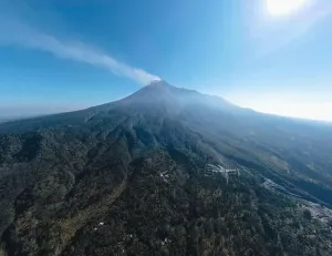 Jogja Prints: Aerial view of Mount Merapi Landscape with small eruption in Yogyakarta