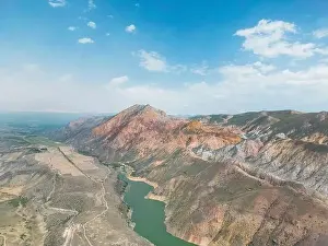 Aerial Lake Prints: Aerial view on mountain lake. Drone view water reservoir at mountain valley