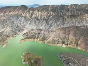 Aerial Lake Prints: Aerial view on mountain lake. Drone view water reservoir at mountain valley