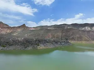 Aerial Lake Prints: Aerial view on mountain lake. Drone over water reservoir at mountain valley