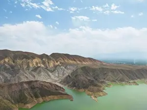Aerial Lake Prints: Aerial view on mountain lake. Drone over water reservoir at mountain valley