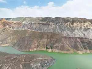 Aerial Lake Prints: Aerial view on mountain lake. Drone over water reservoir at mountain valley