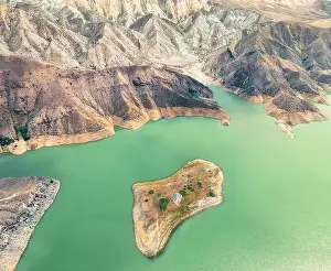 Aerial Lake Prints: Aerial view on mountain lake. Drone over water reservoir at mountain valley