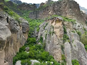 Aerial view mountain. Scenic aerial view from forest to mountain ridge. Above green landscape with sunlight mountains