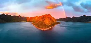 Northern Norway Prints: Aerial view of mountains of Ersfjord and Steinfjord lit by rainbow and midnight sun