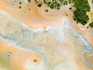 Aerial view of the multicolored texture and patterns of Yarisli Lake in Burdur, Turkey