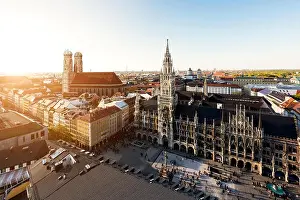 Aerial view on Munich old town hall or Marienplatz town hall and Frauenkirche in Munich, Germany