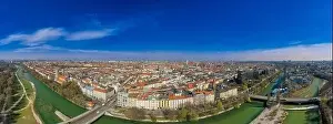 Minga Prints: Aerial view over Munich, shot by a drone with the popular skyline of the bavarian capital
