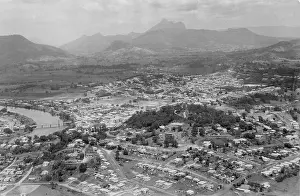1957 Prints: Aerial view of Murwillumbah in 1957, with Mount Warning od Wollumbin, in the background