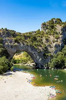 Aerial view of Narural arch in Vallon Pont D'arc in Ardeche canyon in France