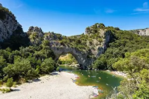 Aerial view of Narural arch in Vallon Pont D'arc in Ardeche canyon in France