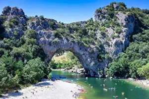 Ardeche Prints: Aerial view of Narural arch in Vallon Pont D'arc in Ardeche canyon in France
