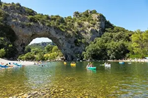 Ardeche Prints: Aerial view of Narural arch in Vallon Pont D'arc in Ardeche canyon in France