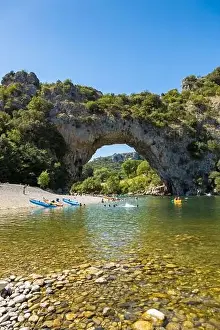 Aerial view of Narural arch in Vallon Pont D'arc in Ardeche canyon in France