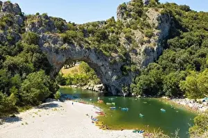 Pont Prints: Aerial view of Narural arch in Vallon Pont D'arc in Ardeche canyon in France