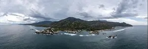 Aerial view of nature and hills of Santa Marta by Tayrona National Park in Colombia