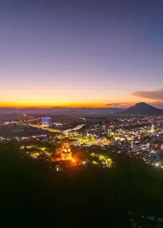 Aerial view of Nhan temple, tower is an artistic architectural work of Champa people in Tuy Hoa city