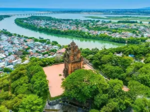 Aerial view of Nhan temple, tower is an artistic architectural work of Champa people in Tuy Hoa city