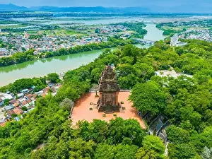 Aerial view of Nhan temple, tower is an artistic architectural work of Champa people in Tuy Hoa city