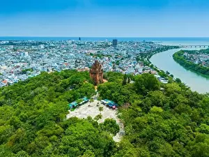 Aerial view of Nhan temple, tower is an artistic architectural work of Champa people in Tuy Hoa city