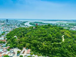 Aerial view of Nhan temple, tower is an artistic architectural work of Champa people in Tuy Hoa city