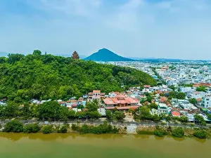 Cham Prints: Aerial view of Nhan temple, tower is an artistic architectural work of Champa people in Tuy Hoa city