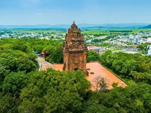 Aerial view of Nhan temple, tower is an artistic architectural work of Champa people in Tuy Hoa city
