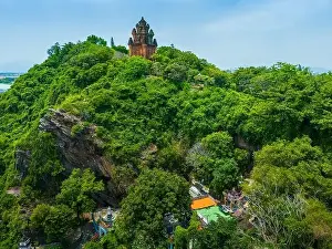 Aerial view of Nhan temple, tower is an artistic architectural work of Champa people in Tuy Hoa city
