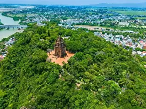 Aerial view of Nhan temple, tower is an artistic architectural work of Champa people in Tuy Hoa city