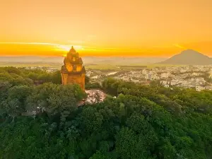 Cham Prints: Aerial view of Nhan temple, tower is an artistic architectural work of Champa people in Tuy Hoa city
