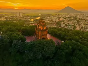 Cham Prints: Aerial view of Nhan temple, tower is an artistic architectural work of Champa people in Tuy Hoa city
