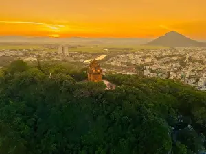 Aerial view of Nhan temple, tower is an artistic architectural work of Champa people in Tuy Hoa city