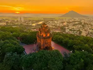 Cham Prints: Aerial view of Nhan temple, tower is an artistic architectural work of Champa people in Tuy Hoa city