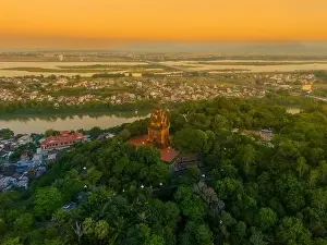 Aerial view of Nhan temple, tower is an artistic architectural work of Champa people in Tuy Hoa city