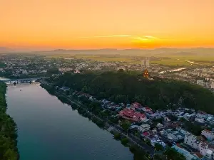Aerial view of Nhan temple, tower is an artistic architectural work of Champa people in Tuy Hoa city