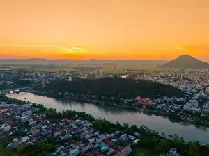Cham Prints: Aerial view of Nhan temple, tower is an artistic architectural work of Champa people in Tuy Hoa city