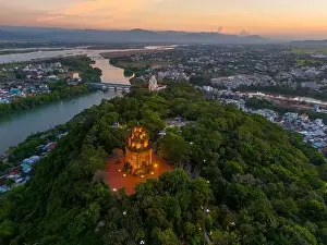 Aerial view of Nhan temple, tower is an artistic architectural work of Champa people in Tuy Hoa city