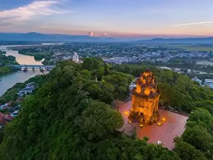 Cham Prints: Aerial view of Nhan temple, tower is an artistic architectural work of Champa people in Tuy Hoa city
