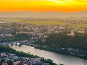 Cham Prints: Aerial view of Nhan temple, tower is an artistic architectural work of Champa people in Tuy Hoa city