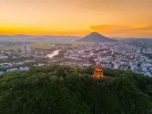 Cham Prints: Aerial view of Nhan temple, tower is an artistic architectural work of Champa people in Tuy Hoa city