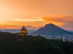 Cham Prints: Aerial view of Nhan temple, tower is an artistic architectural work of Champa people in Tuy Hoa city