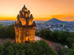Cham Prints: Aerial view of Nhan temple, tower is an artistic architectural work of Champa people in Tuy Hoa city