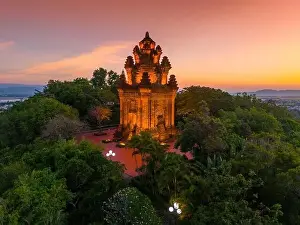 Cham Prints: Aerial view of Nhan temple, tower is an artistic architectural work of Champa people in Tuy Hoa city
